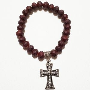 Men's Bracelet Brown Faceted Beads Silver Cross